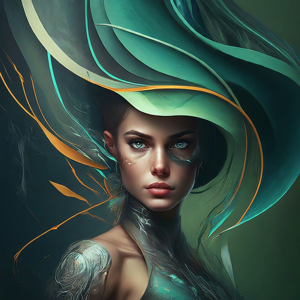 Artistic rendition of a fierce looking woman with supernatural elements.